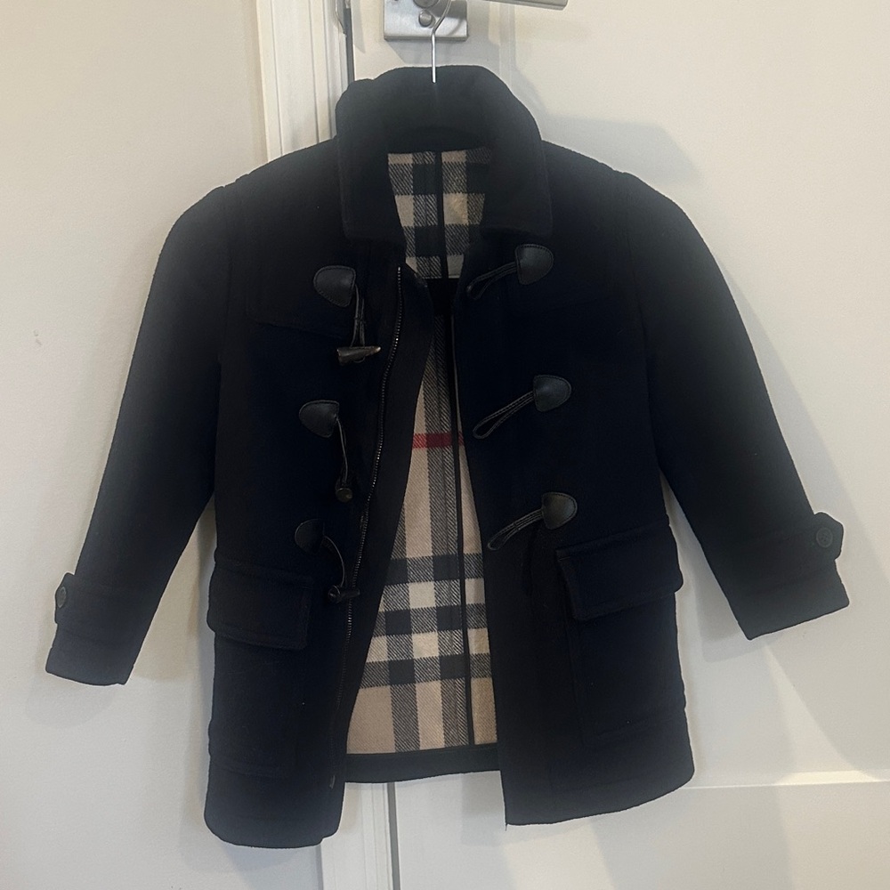 Burberry Black Kids Pea Coat with Check Lining